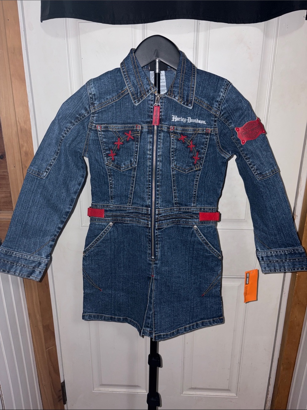 NWT Vintage Y2K Harley Davidson Girls Denim Jean Long Sleeve Collared Zip Dress